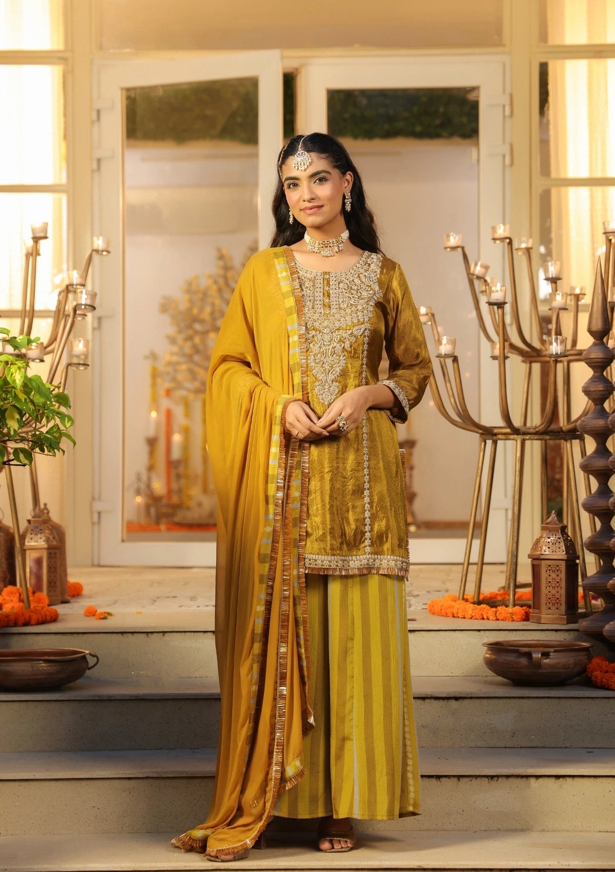 Olive Green Handwork Silk Palazzo Set with Dupatta 