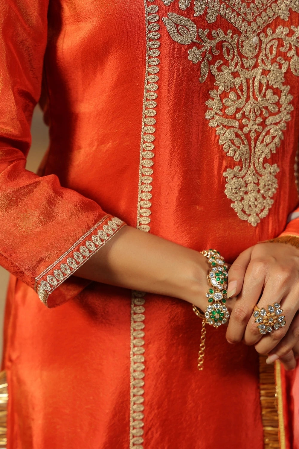 Orange Handwork Silk Kurta Set with Dupatta 