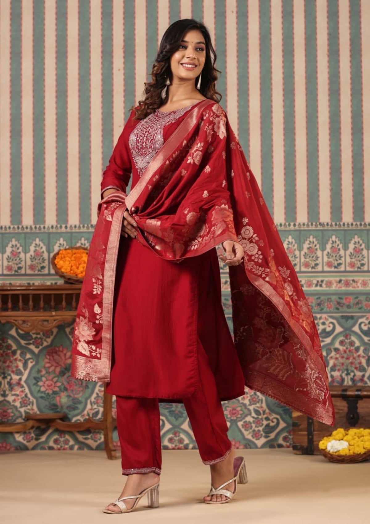 Red Threadwork Cotton Kurta Set 