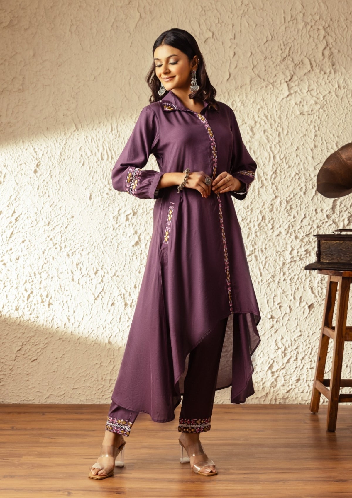Purple Threadwork Muslin Kurta Set - KAJREE