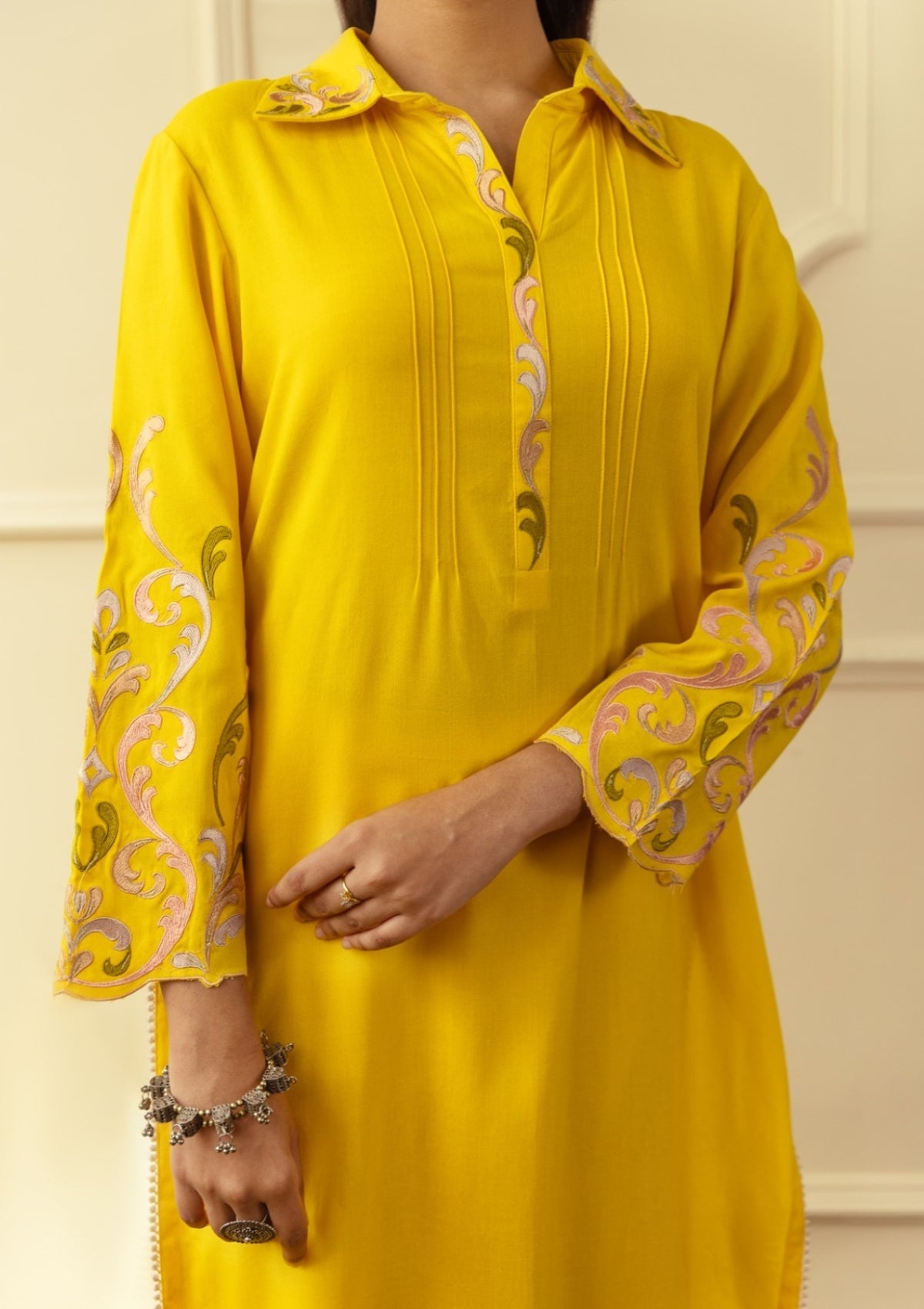 Yellow Threadwork Cotton Co-Ord Set 