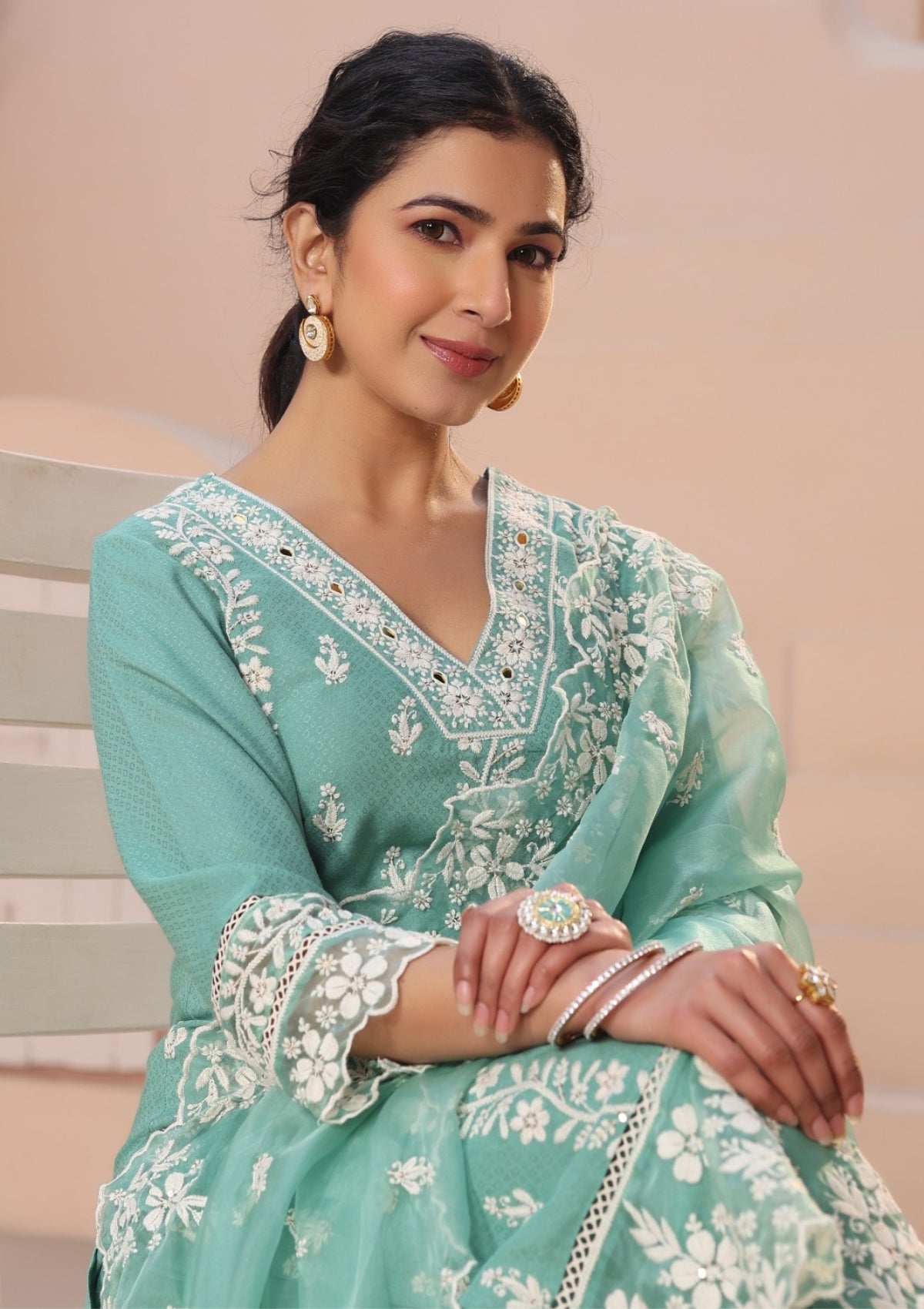 Sea Blue Threadwork Cotton Kurta Set - Kajree 