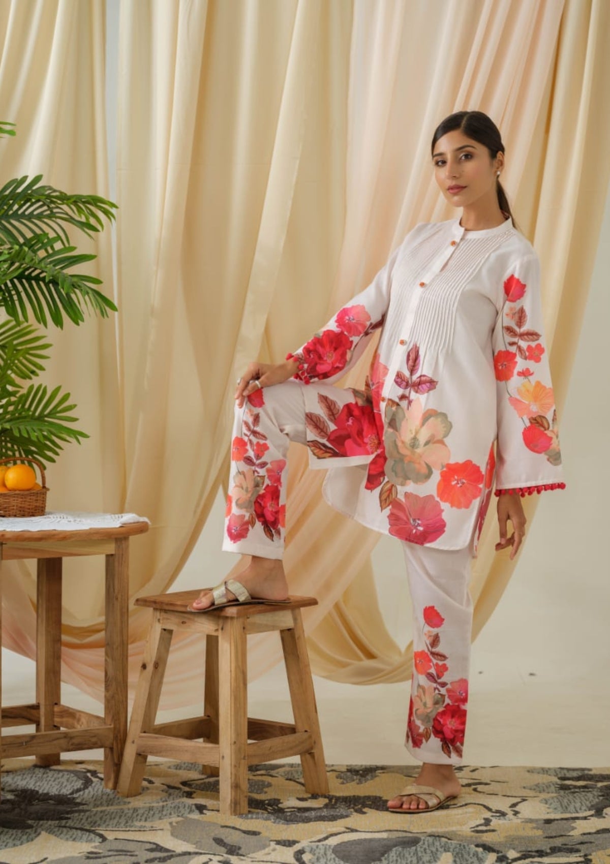 Cream Block Print Cotton Co-Ord Set 