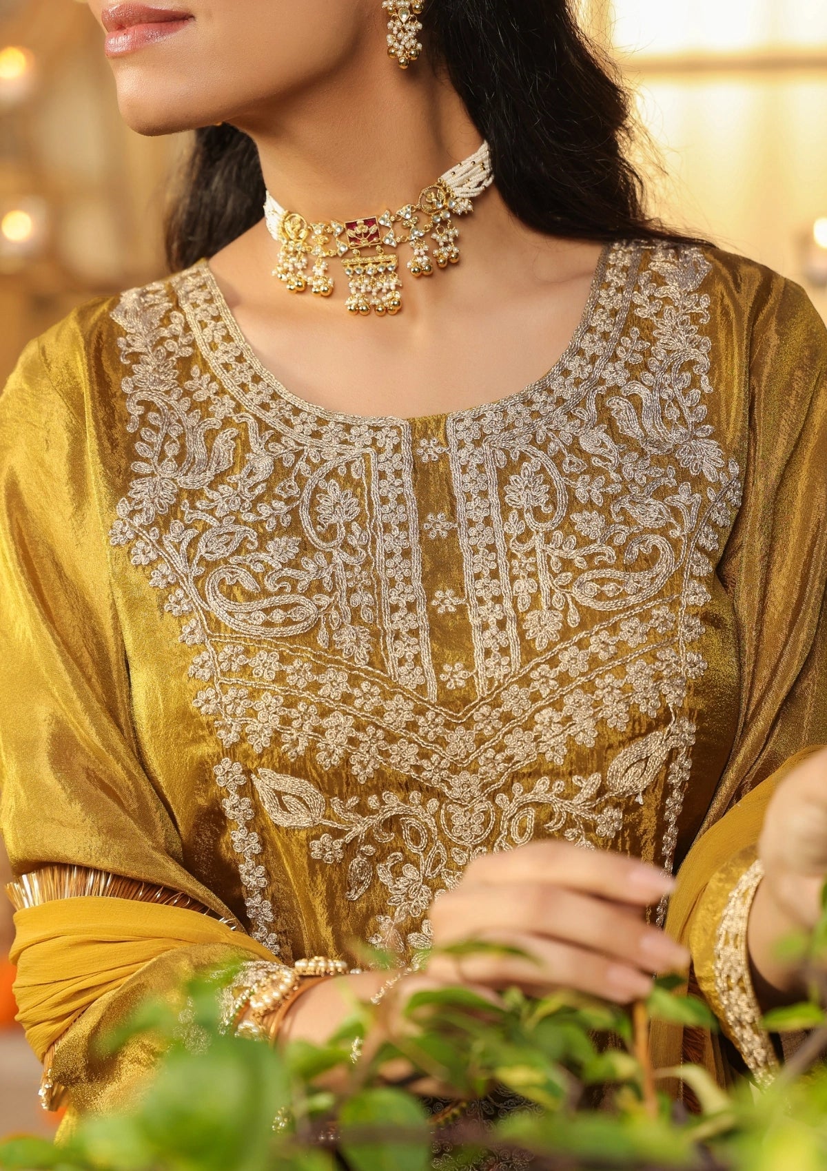 Olive Green Handwork Silk Palazzo Set with Dupatta 