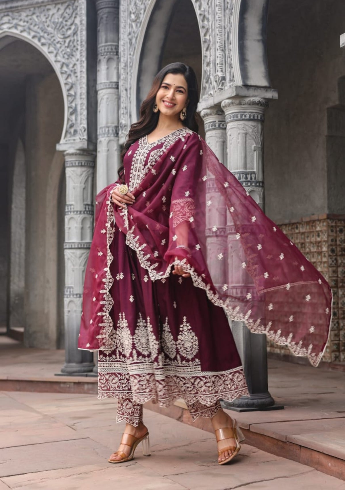 Wine Threadwork Rayon Dobby Kurta Set - KAJREE