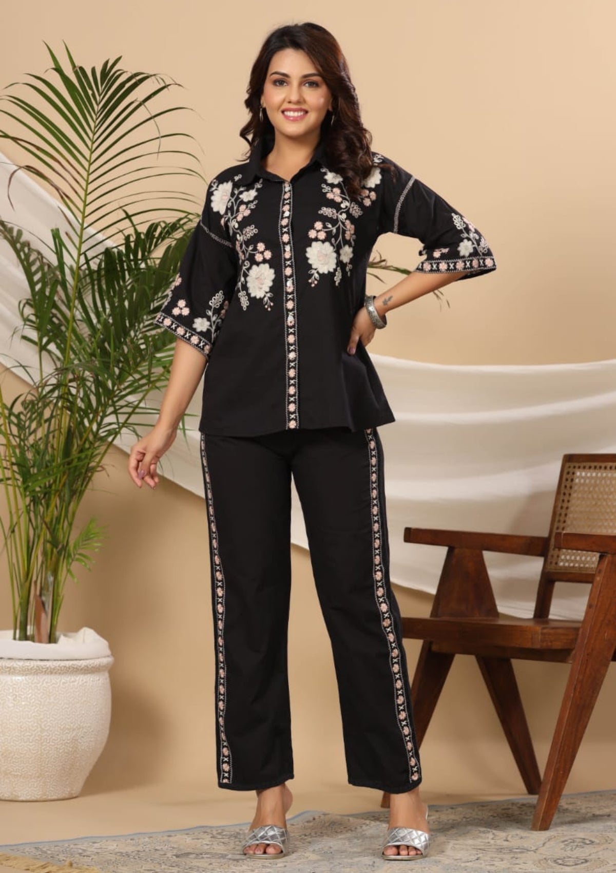Black Threadwork Cotton Co-Ord Set - KAJREE
