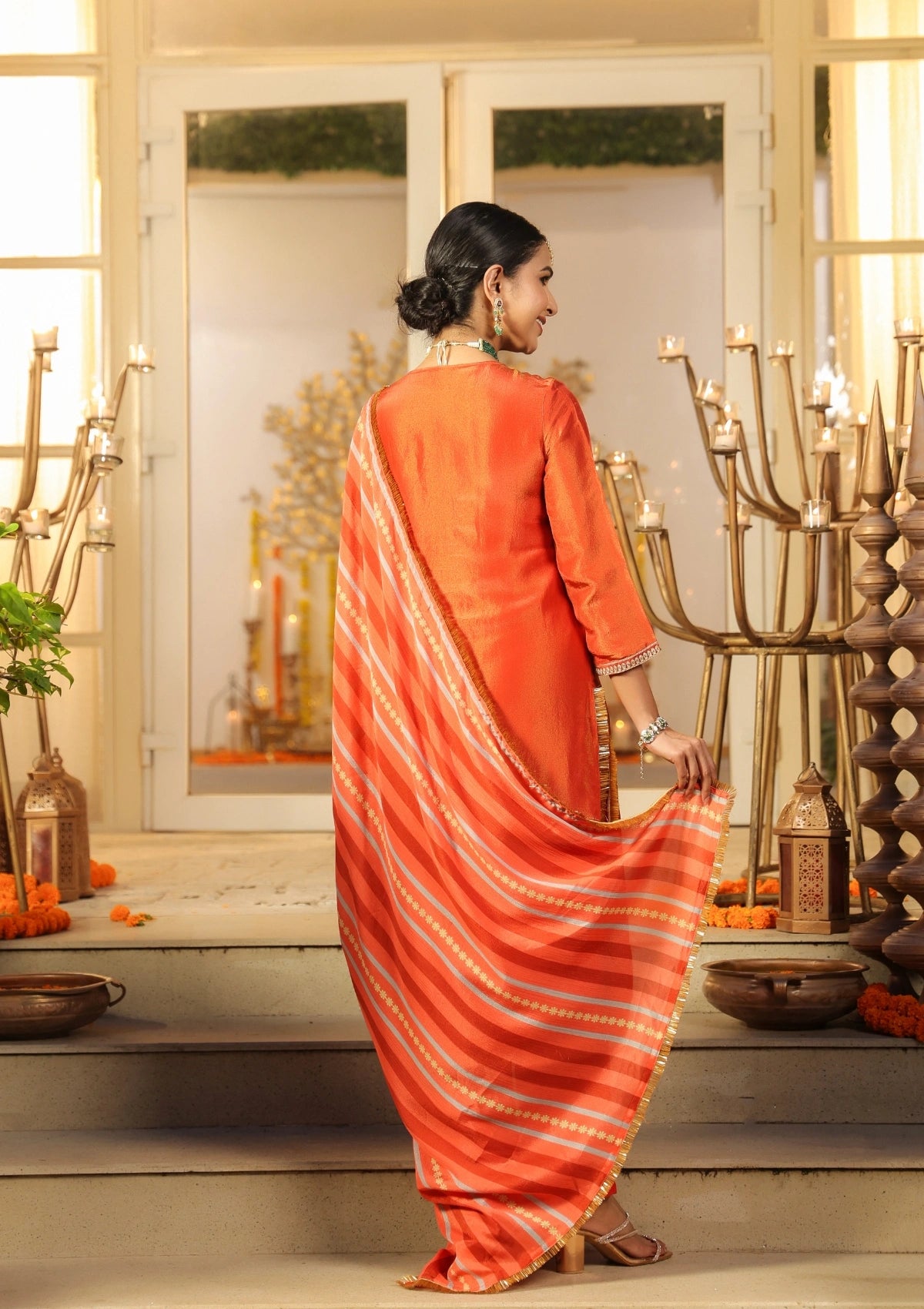 Orange Handwork Silk Kurta Set with Dupatta 