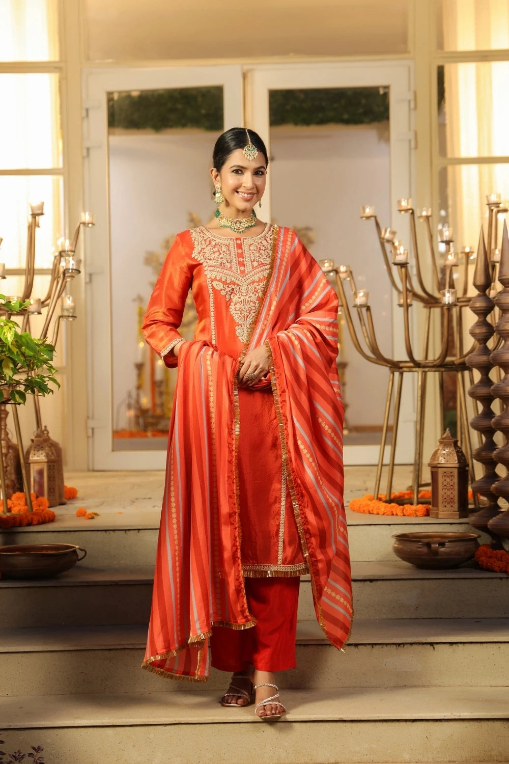 Orange Handwork Silk Kurta Set with Dupatta 