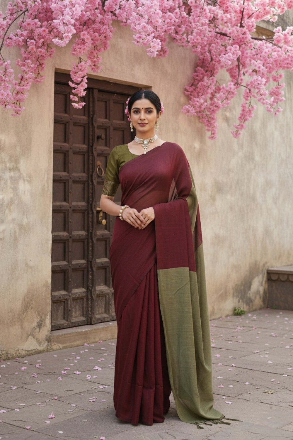 Maroon and Olive Green Cotton Handloom Saree with Blouse Piece 