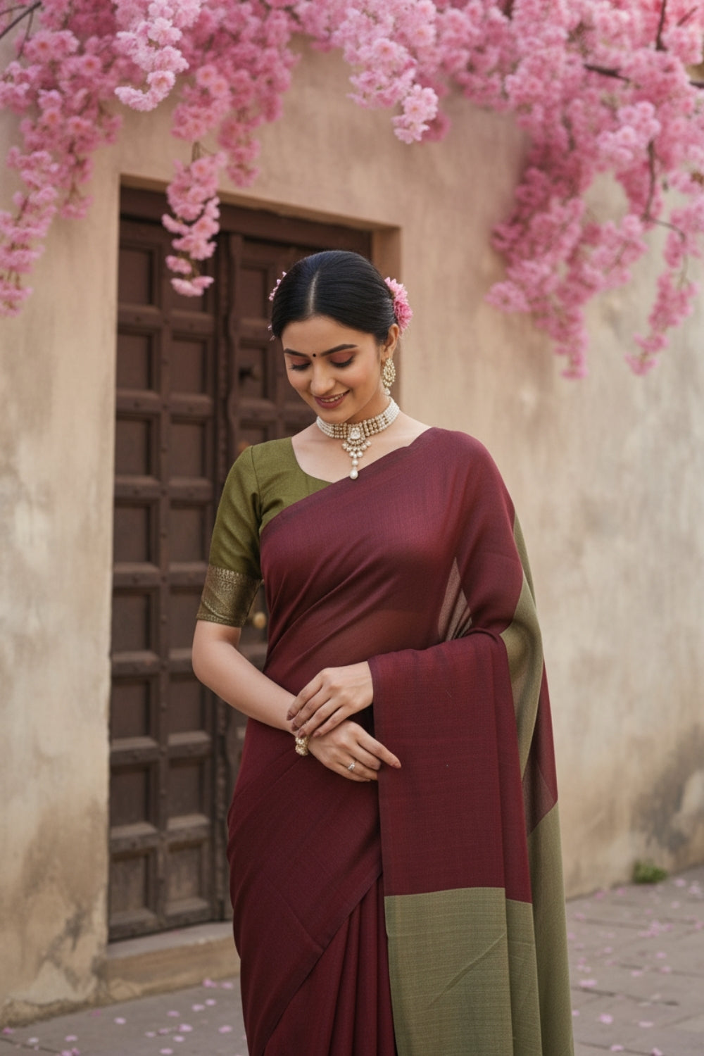 Maroon and Olive Green Cotton Handloom Saree with Blouse Piece 