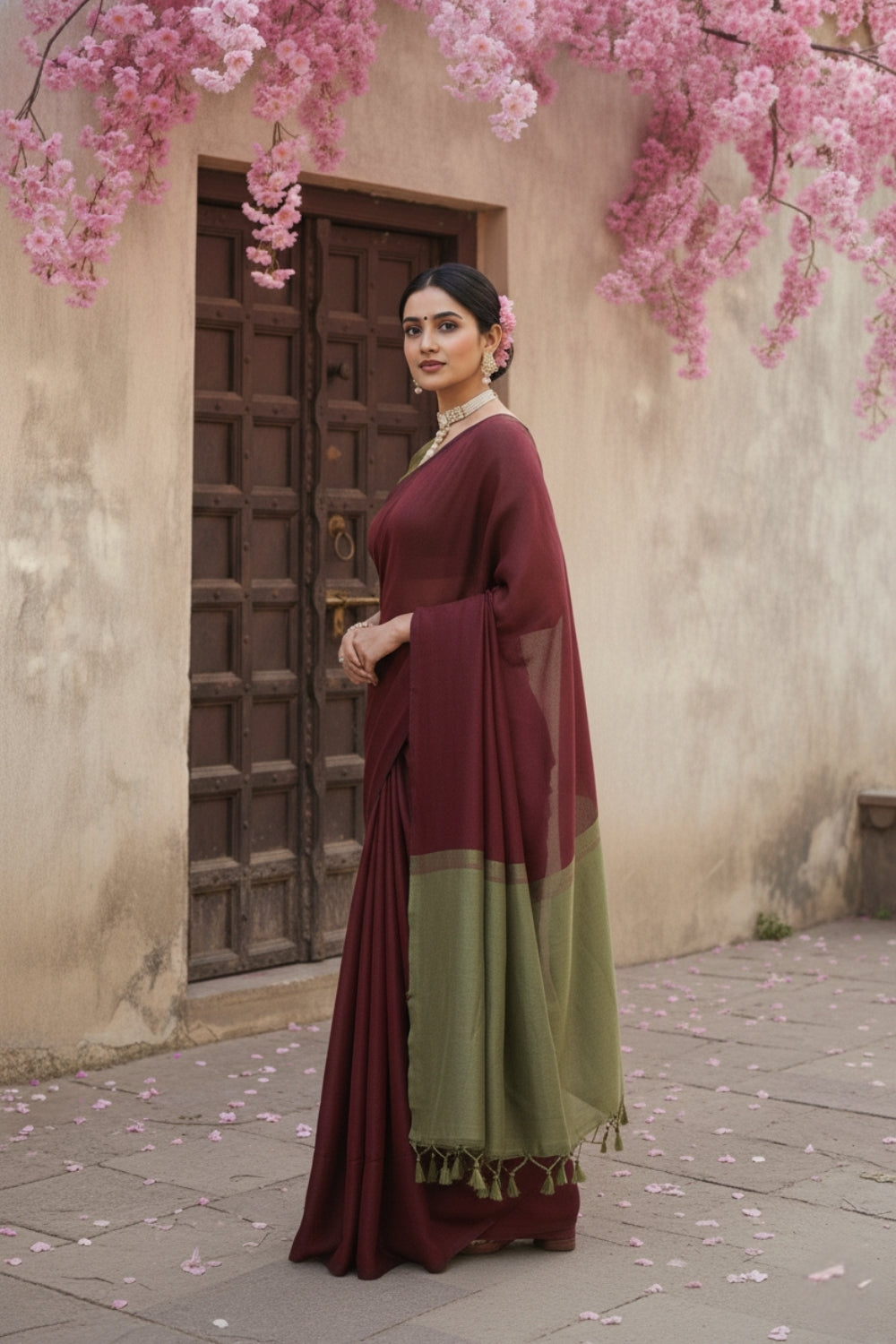 Maroon and Olive Green Cotton Handloom Saree with Blouse Piece 