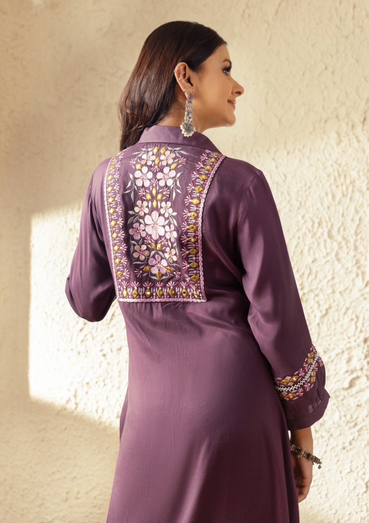 Purple Threadwork Muslin Kurta Set - KAJREE