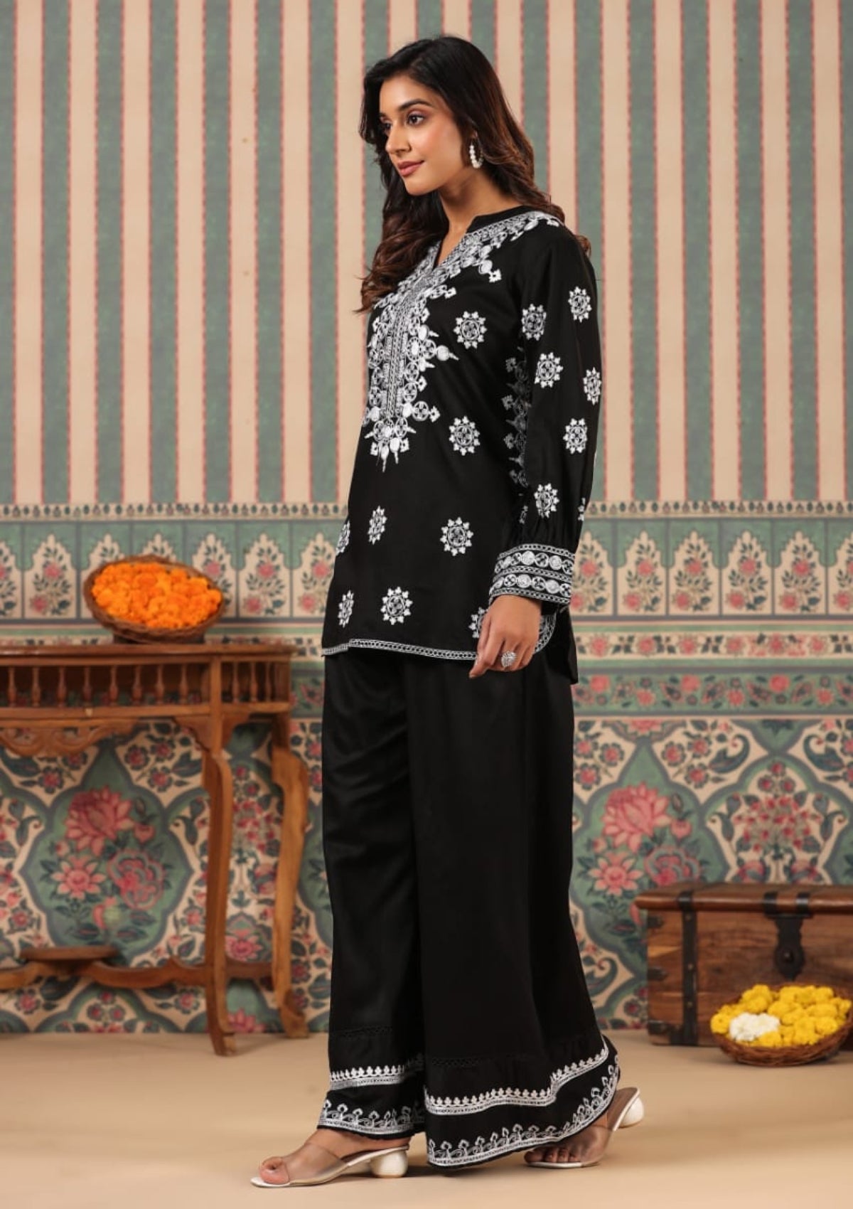 Black Threadwork Pure Cotton Palazzo Set 