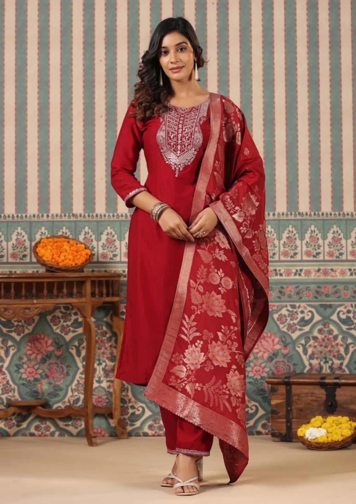 Red Threadwork Cotton Kurta Set 