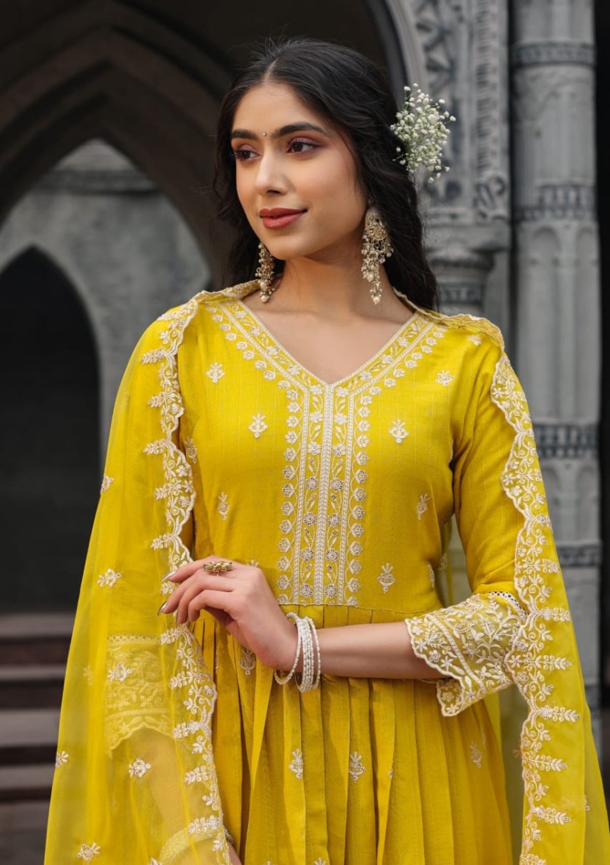 Yellow Threadwork Rayon Dobby Kurta Set - KAJREE
