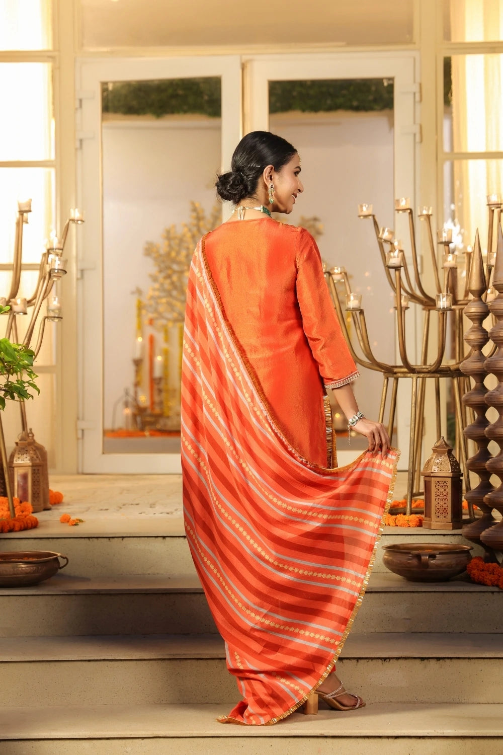 Orange Handwork Silk Kurta Set with Dupatta 