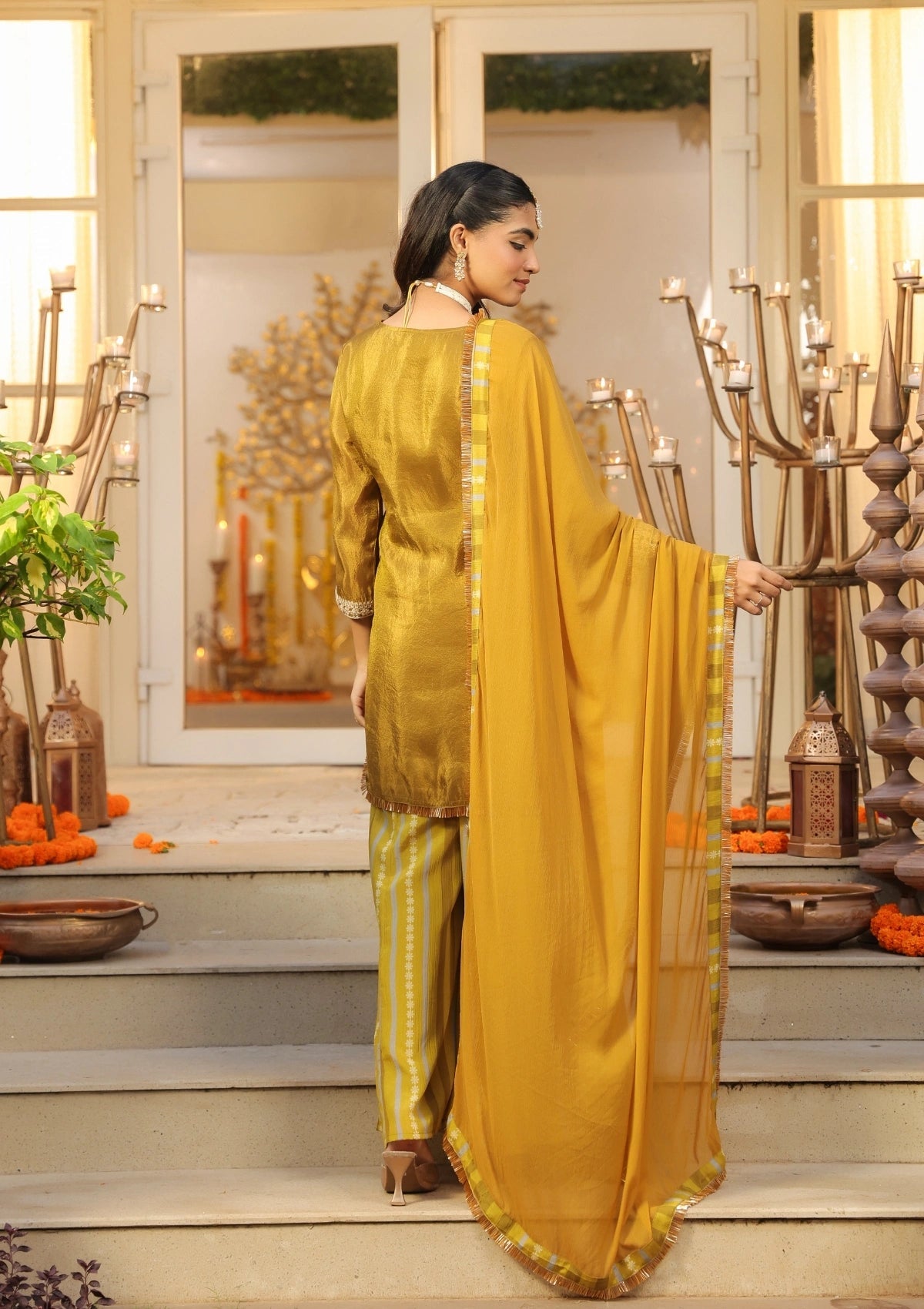 Olive Green Handwork Silk Palazzo Set with Dupatta 