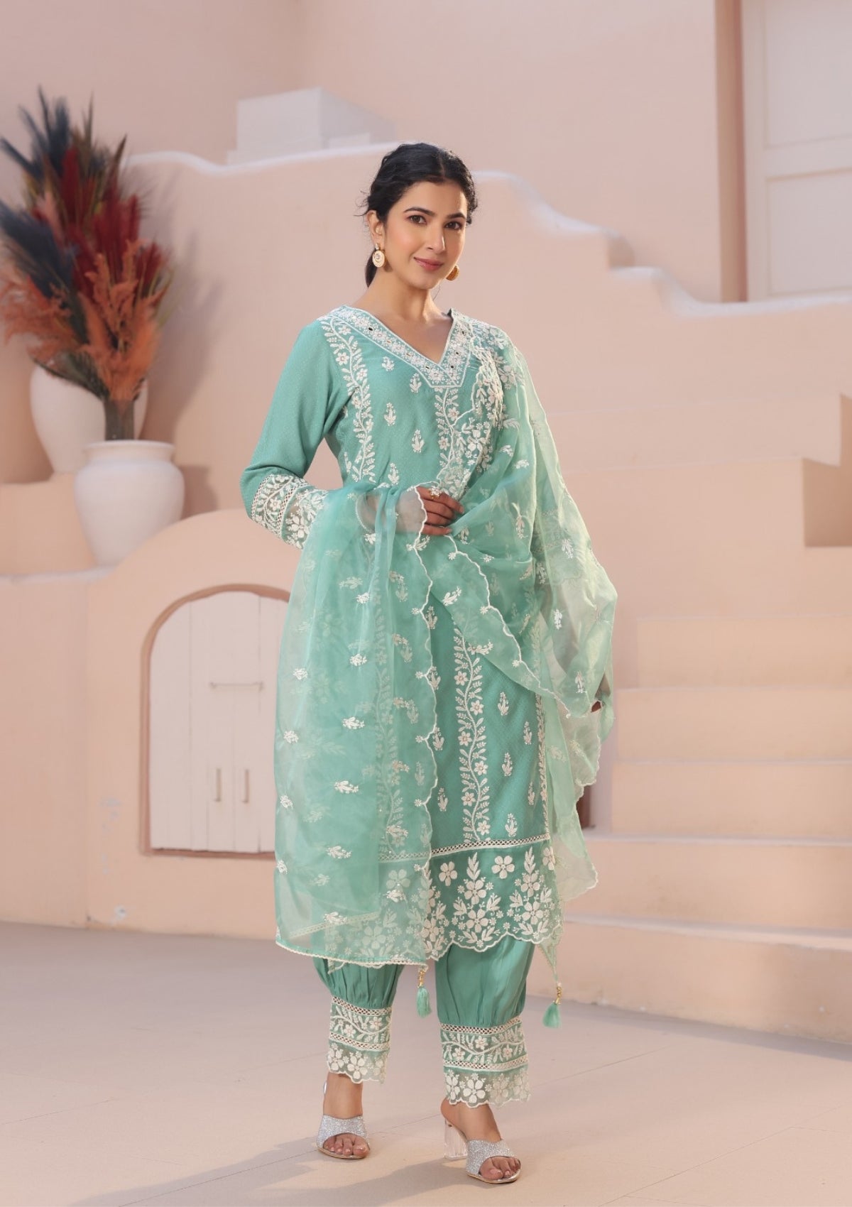 Sea Blue Threadwork Cotton Kurta Set - Kajree 