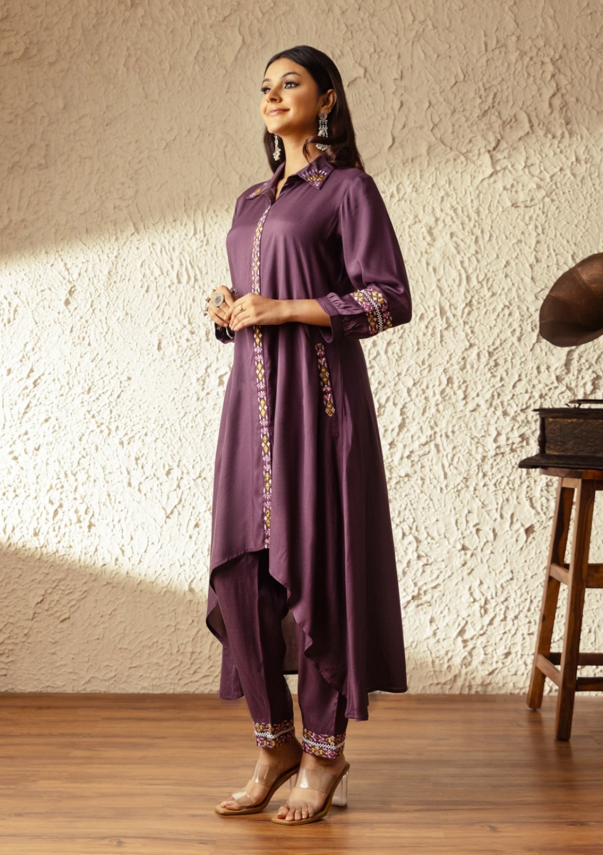 Purple Threadwork Muslin Kurta Set - KAJREE