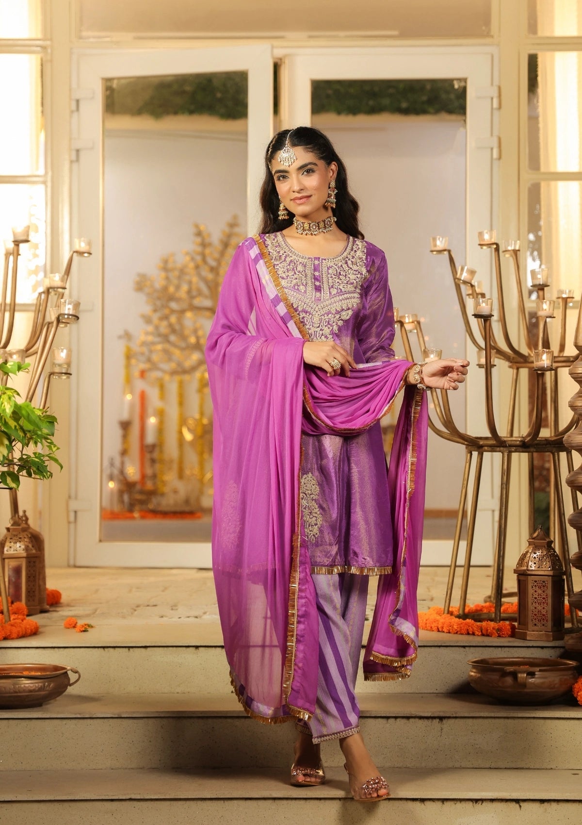 Purple Handwork Silk Palazzo Set with Dupatta 