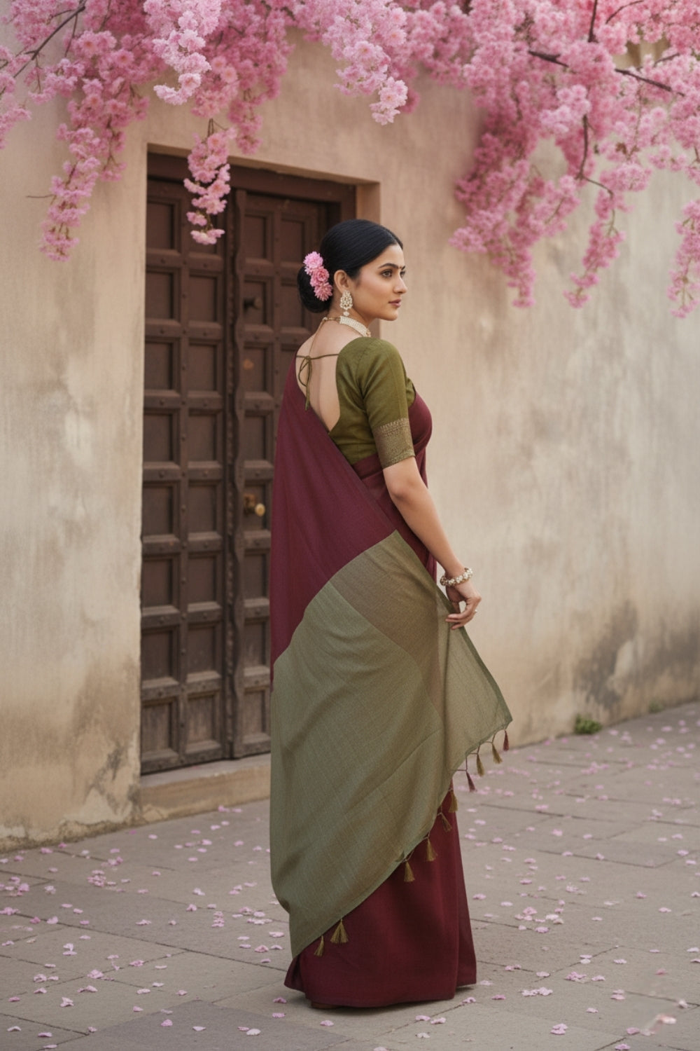 Maroon and Olive Green Cotton Handloom Saree with Blouse Piece 