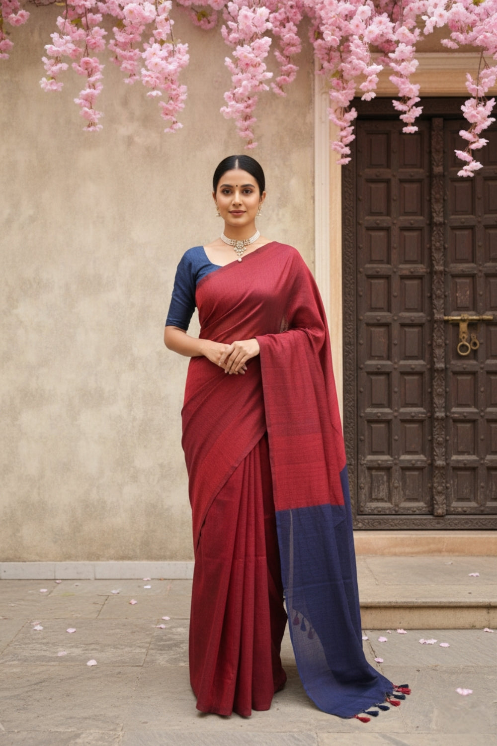 Red and Navy Blue Cotton Handloom Saree with Blouse Piece 