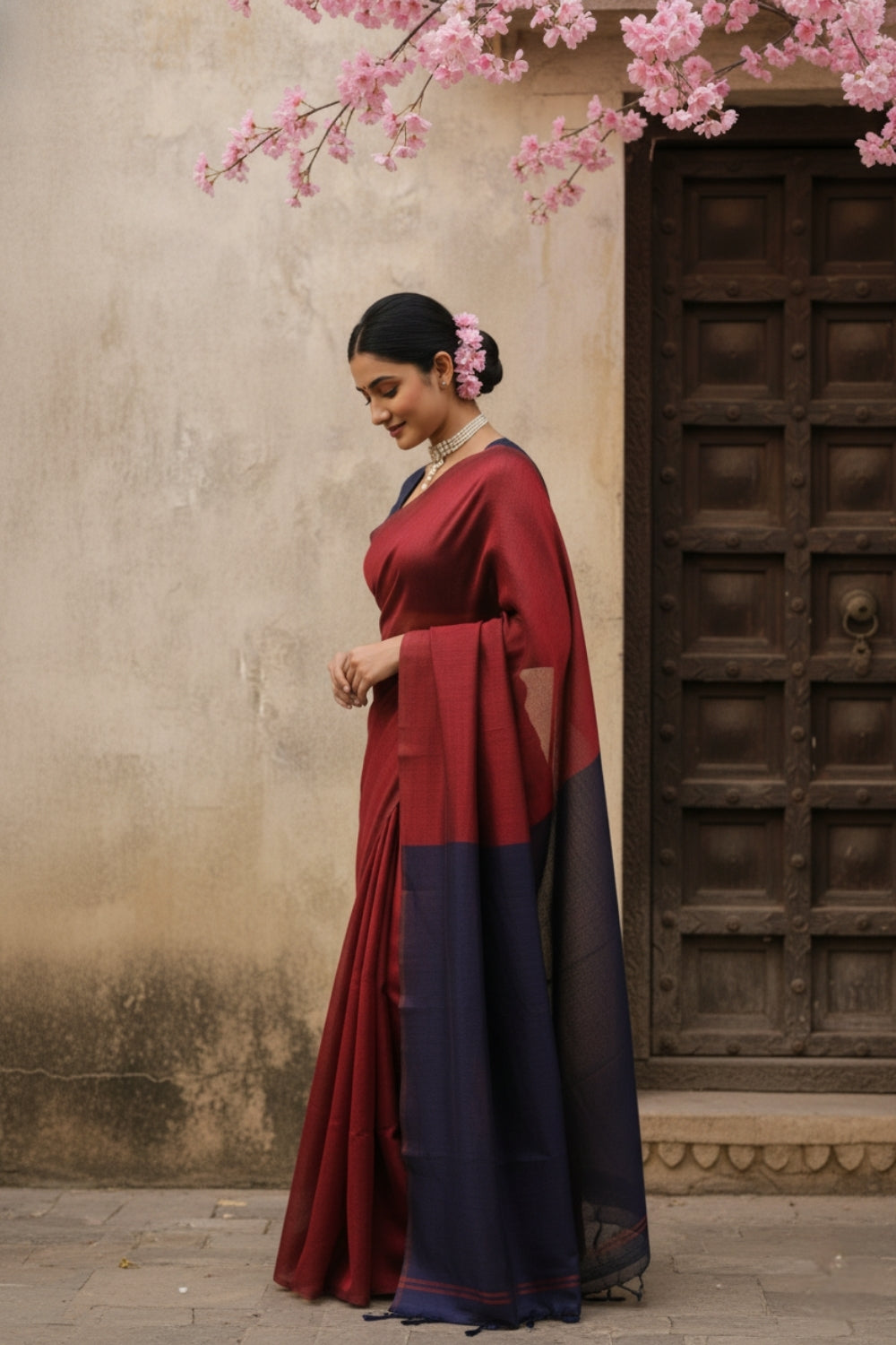 Red and Navy Blue Cotton Handloom Saree with Blouse Piece 