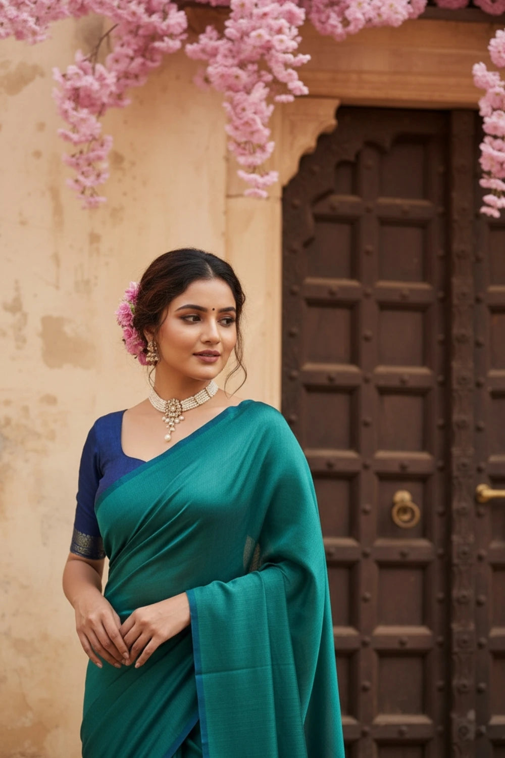 Teal Blue and Navy Blue Cotton Handloom Saree with Blouse Piece 