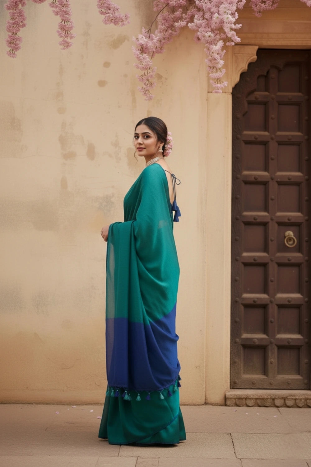 Teal Blue and Navy Blue Cotton Handloom Saree with Blouse Piece 