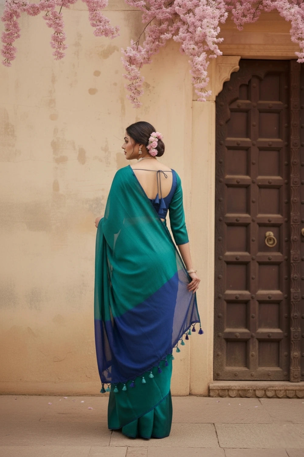 Teal Blue and Navy Blue Cotton Handloom Saree with Blouse Piece 