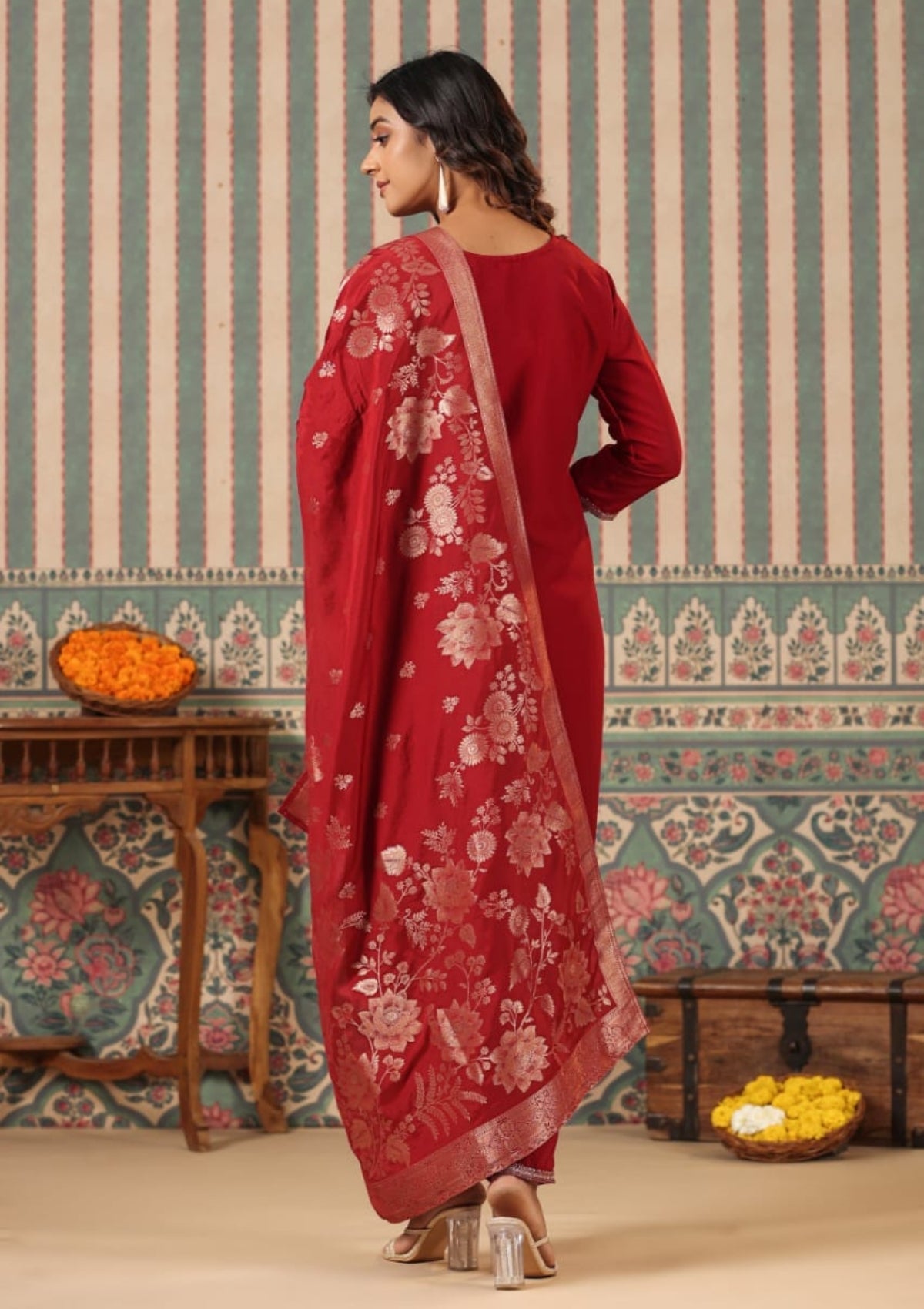 Red Threadwork Cotton Kurta Set 