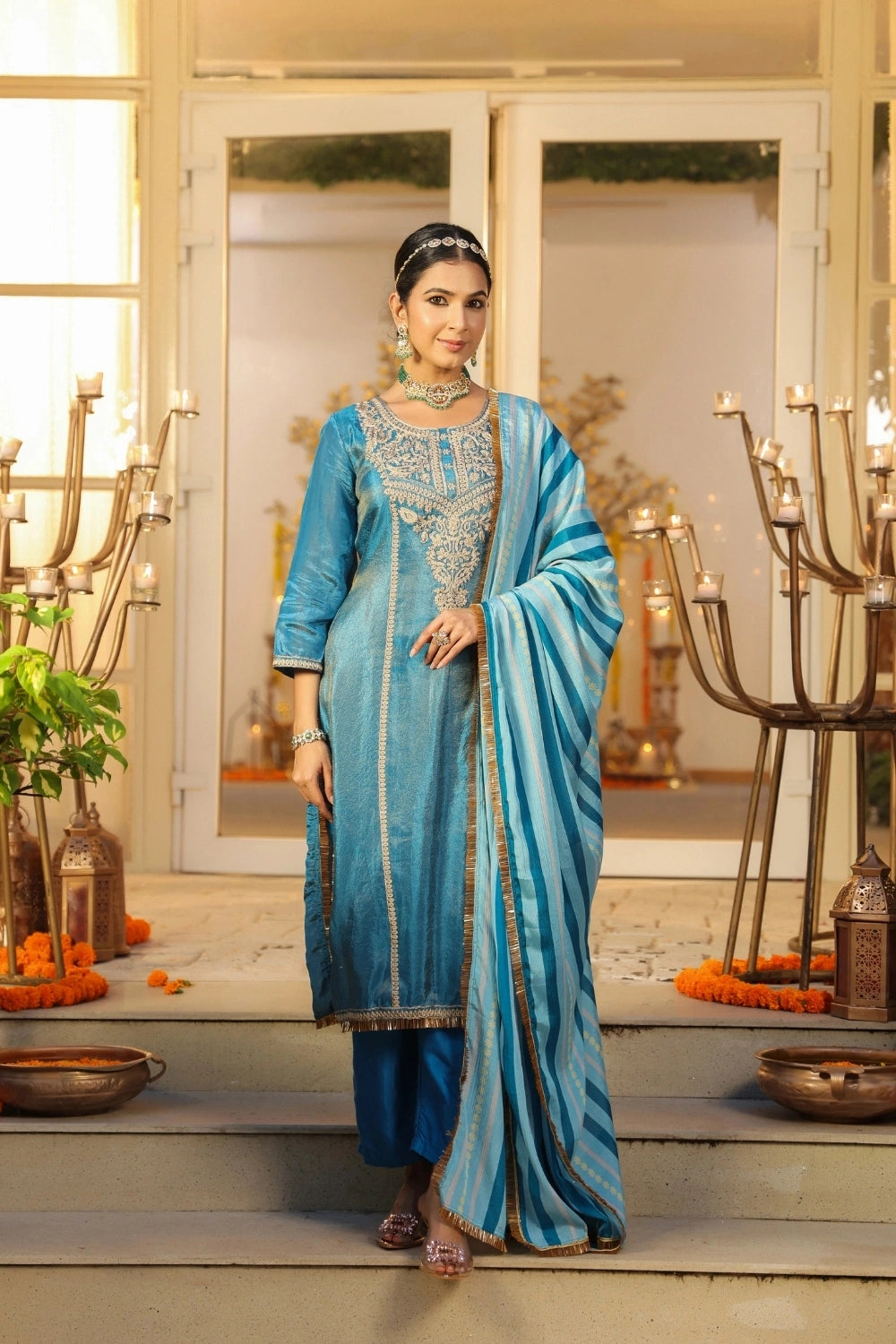 Blue Handwork Silk Kurta Set with Dupatta 
