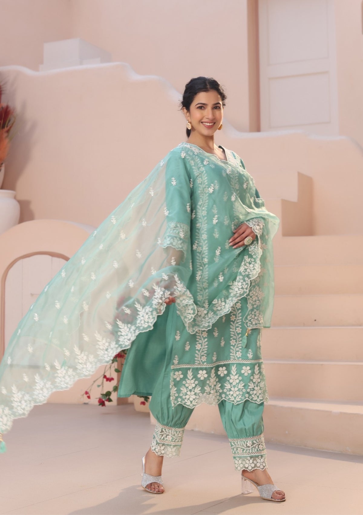 Sea Blue Threadwork Cotton Kurta Set - Kajree 