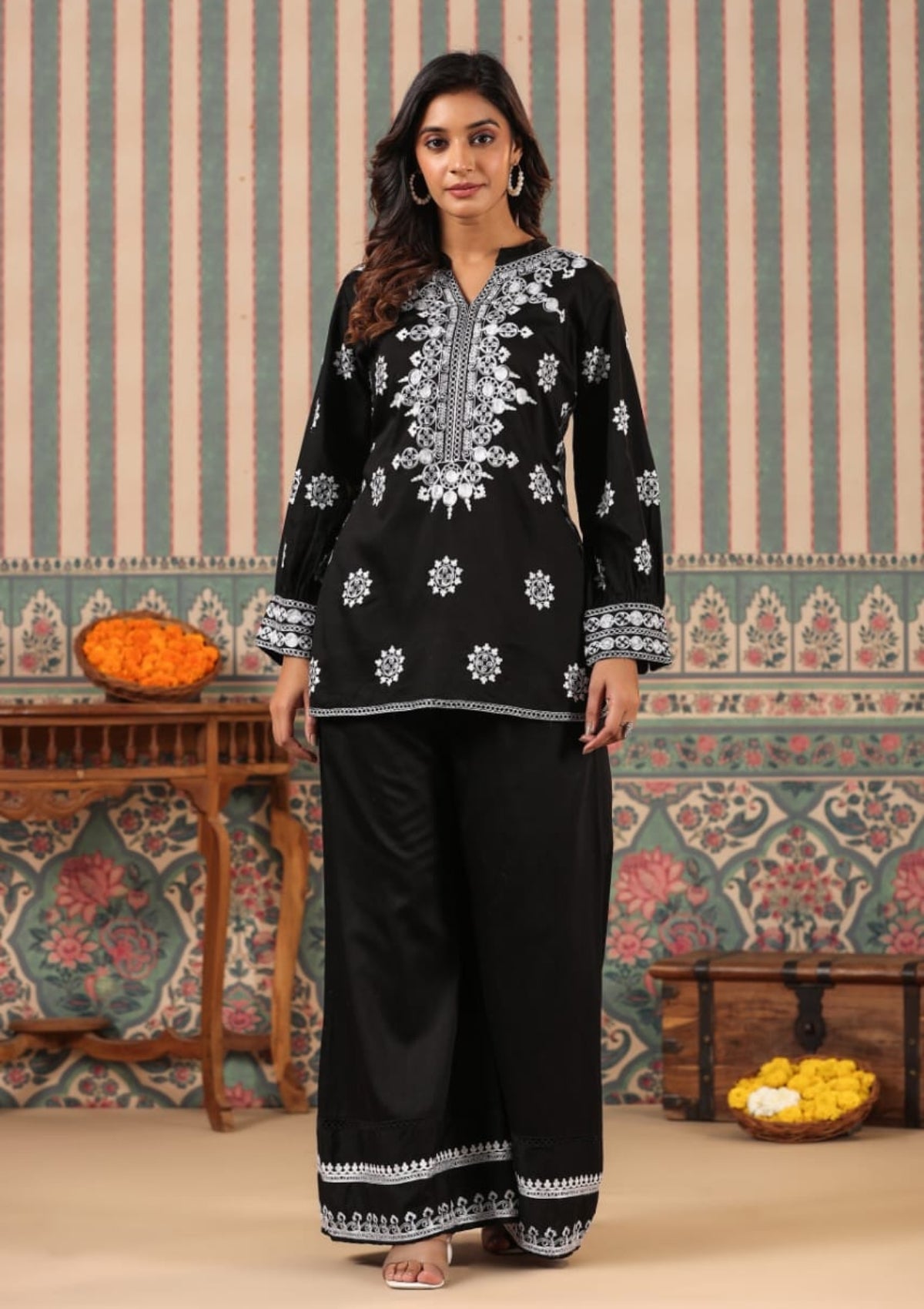 Black Threadwork Pure Cotton Palazzo Set 