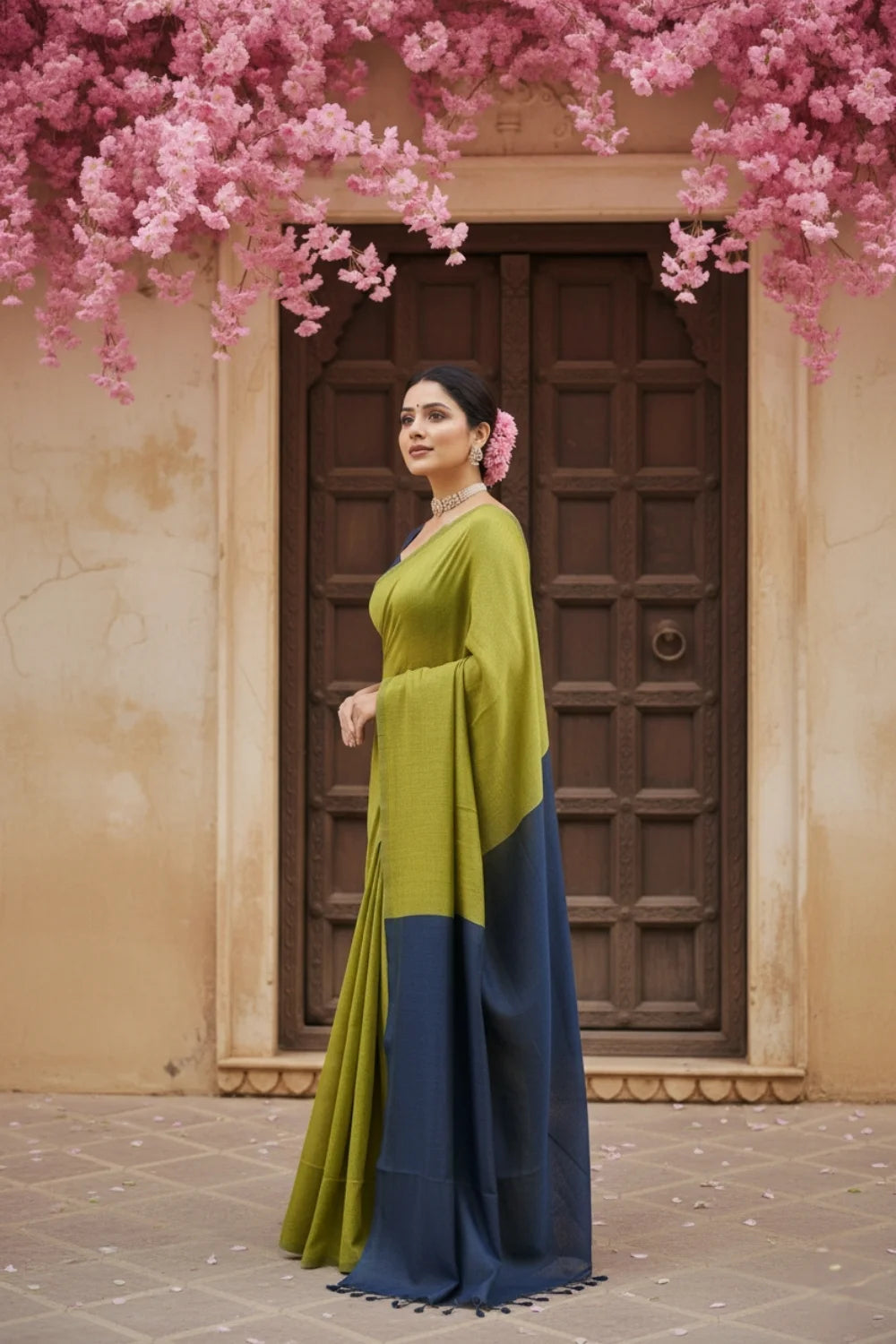 Mehendi Green and Navy Blue Cotton Handloom Saree with Blouse Piece 