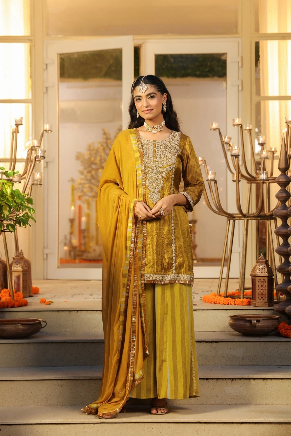 Olive Green Handwork Silk Palazzo Set with Dupatta 