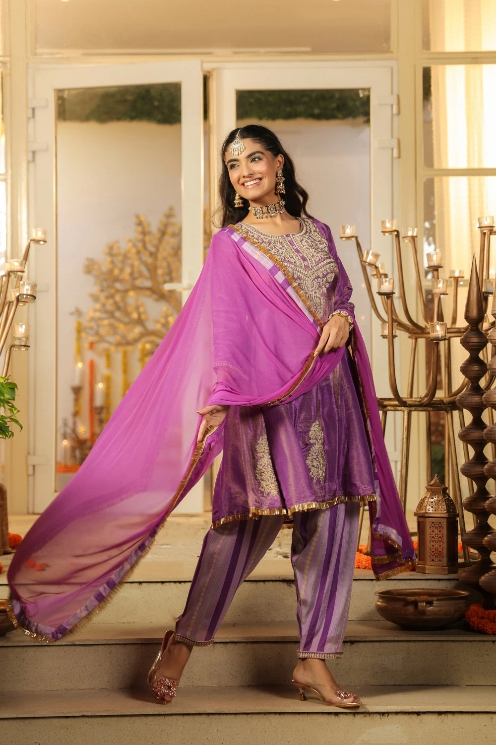 Purple Handwork Silk Palazzo Set with Dupatta 