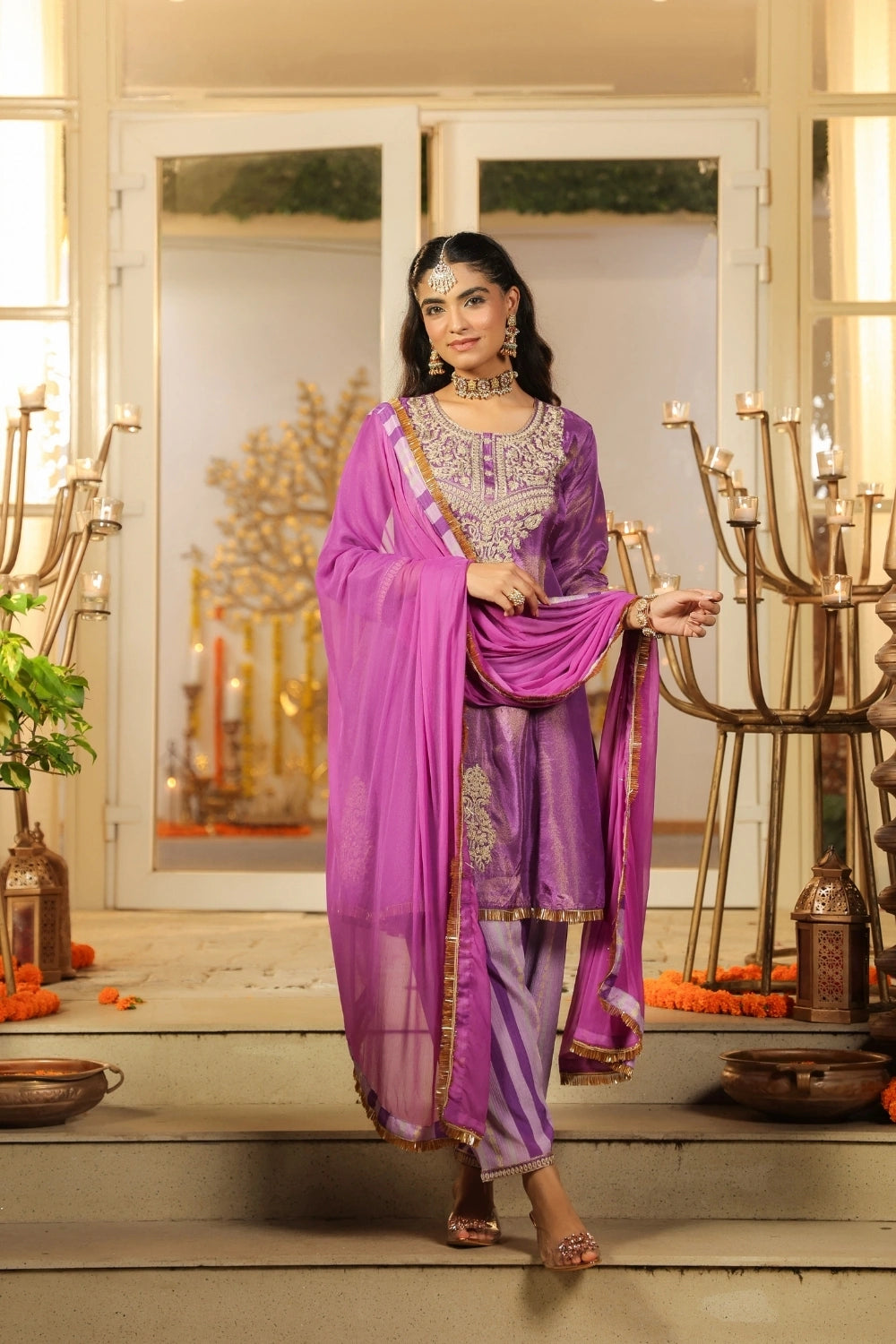 Purple Handwork Silk Palazzo Set with Dupatta 