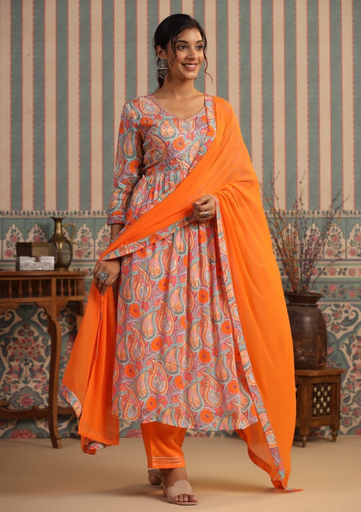 Multicolor Threadwork Crepe Kurta Set 