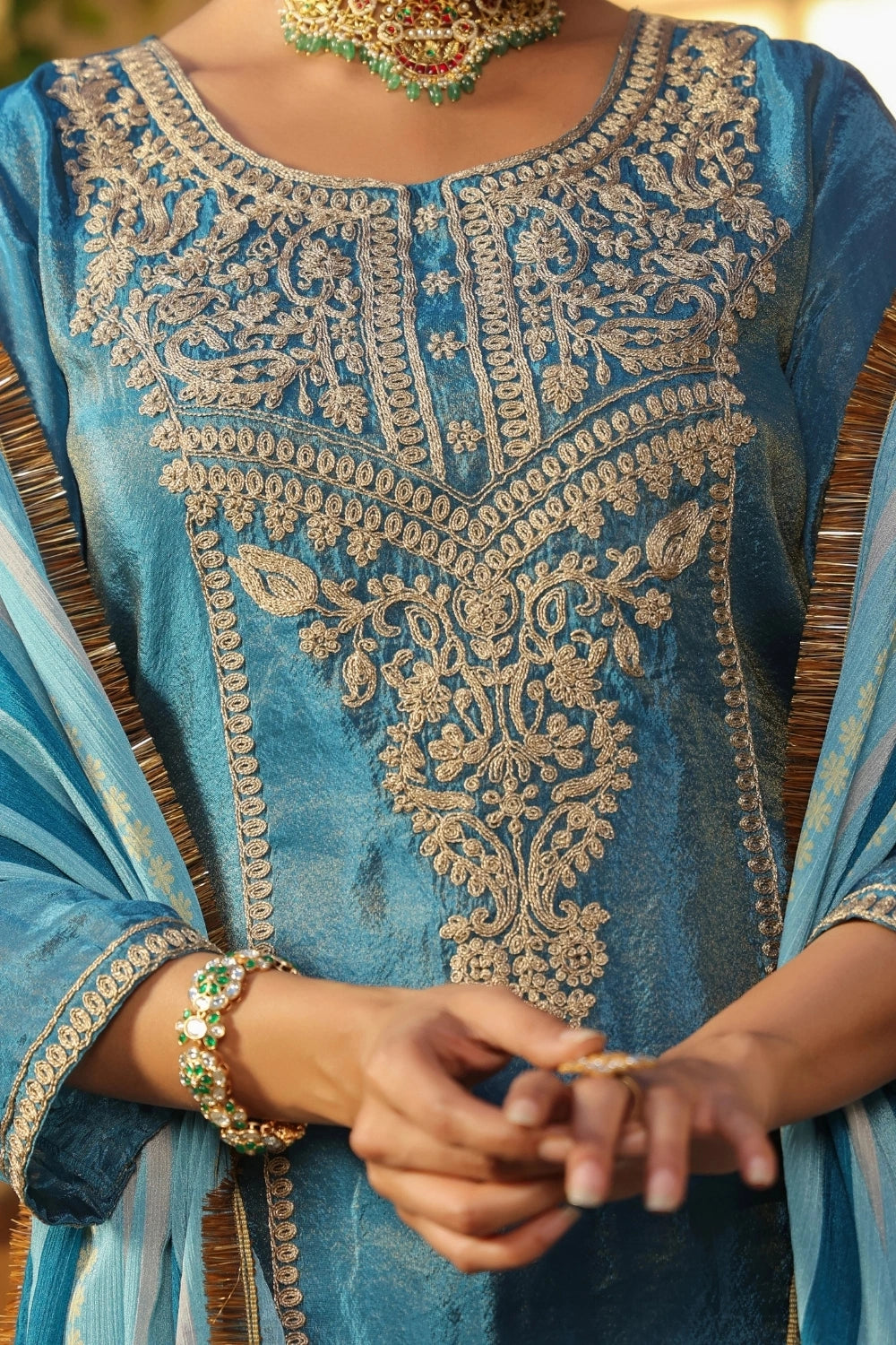Blue Handwork Silk Kurta Set with Dupatta 