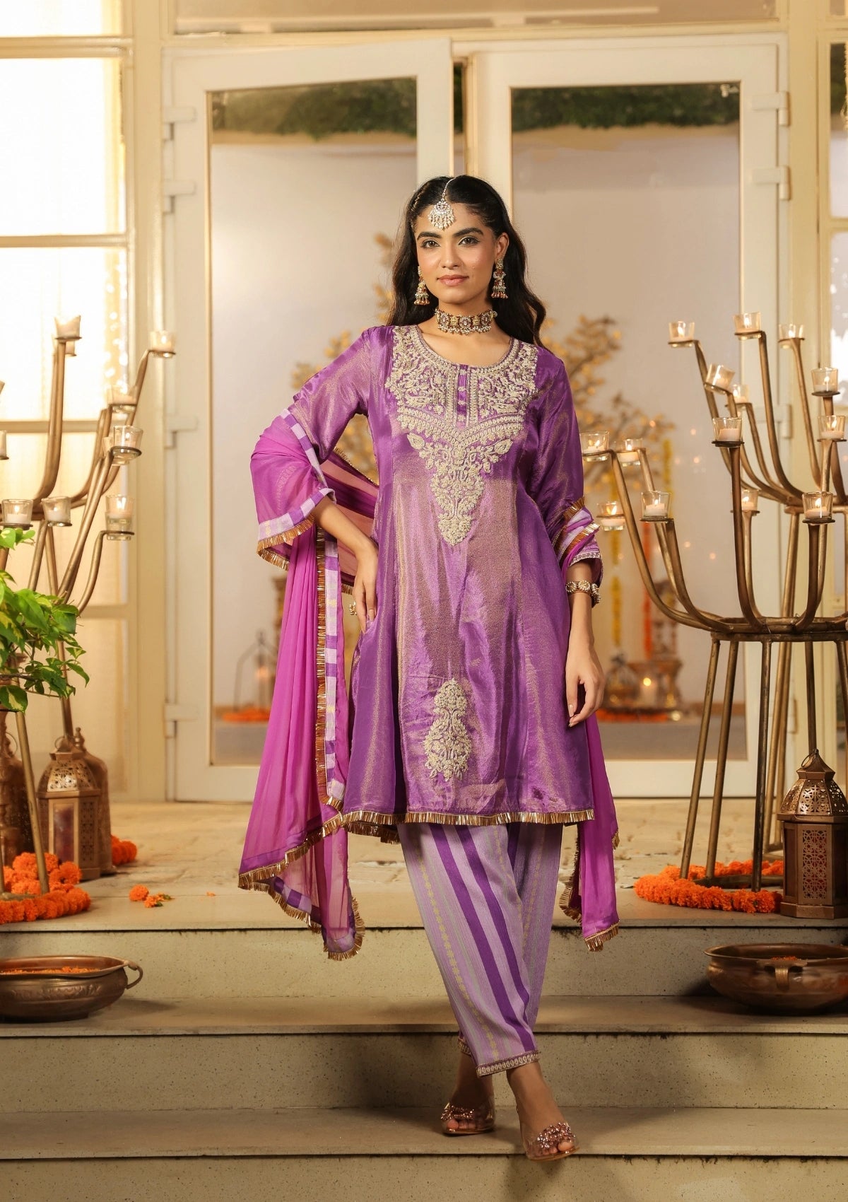Purple Handwork Silk Palazzo Set with Dupatta 