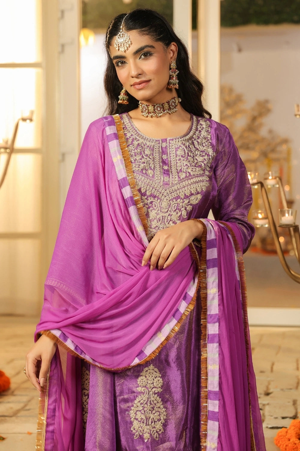 Purple Handwork Silk Palazzo Set with Dupatta 