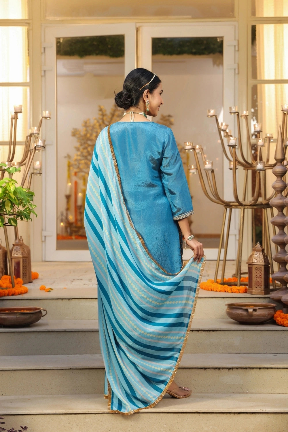 Blue Handwork Silk Kurta Set with Dupatta 