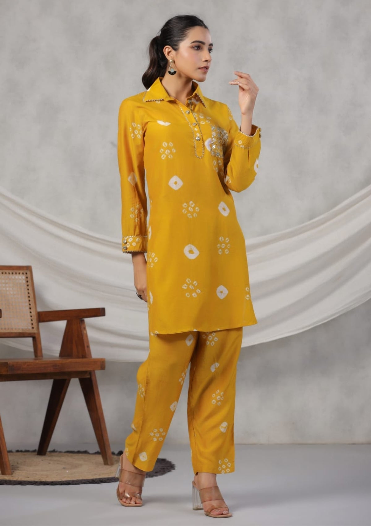 Mustard Bandhani print Cotton Co-ord Set 
