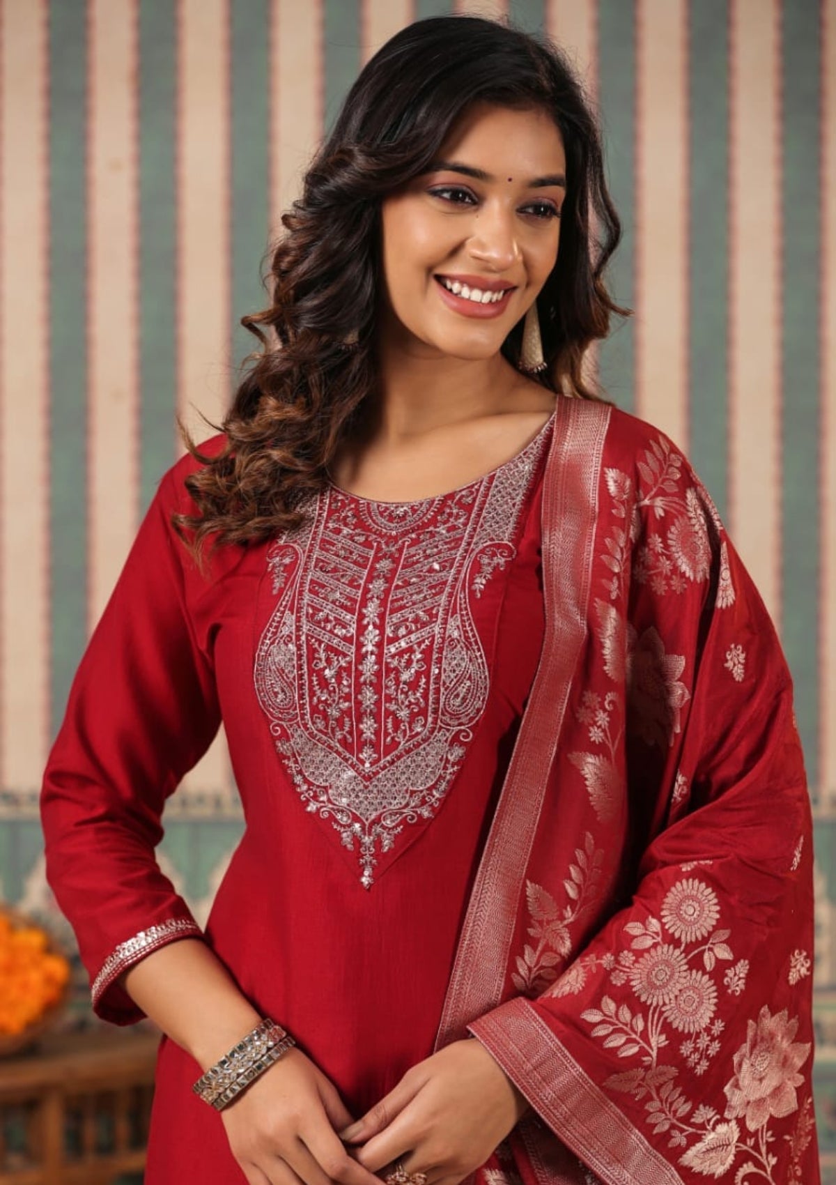 Red Threadwork Cotton Kurta Set 