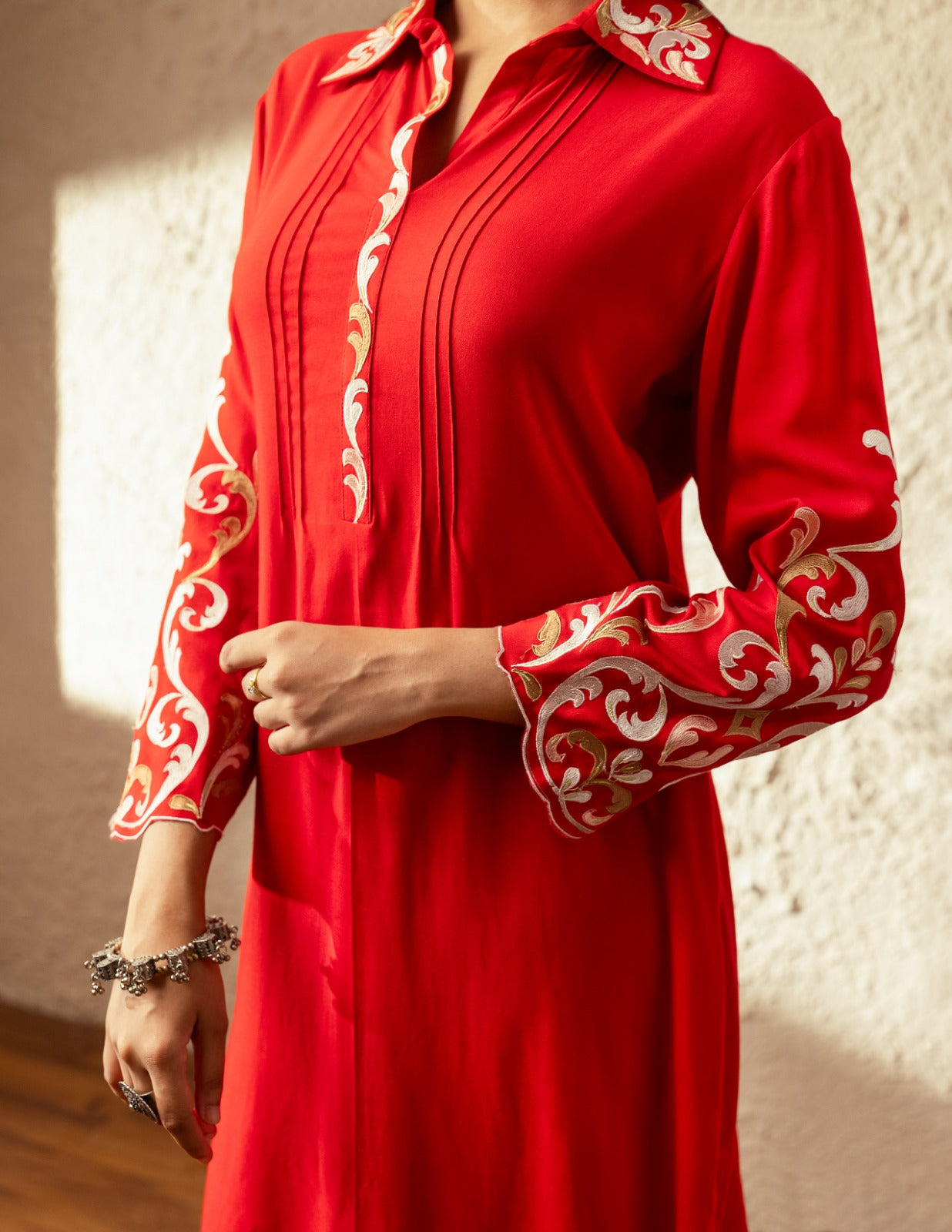 Red Threadwork Muslin Kurta Set - KAJREE