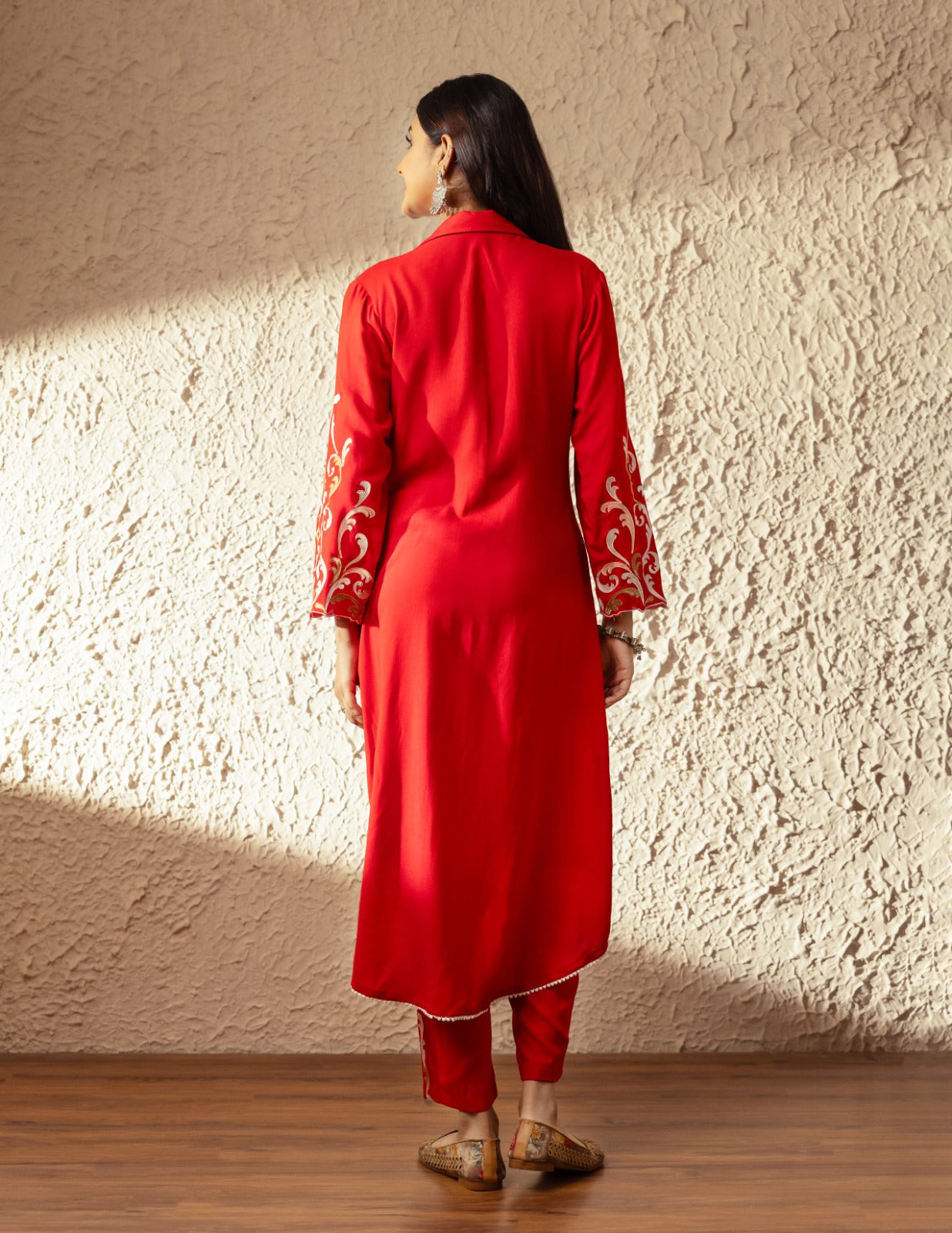 Red Threadwork Muslin Kurta Set - KAJREE