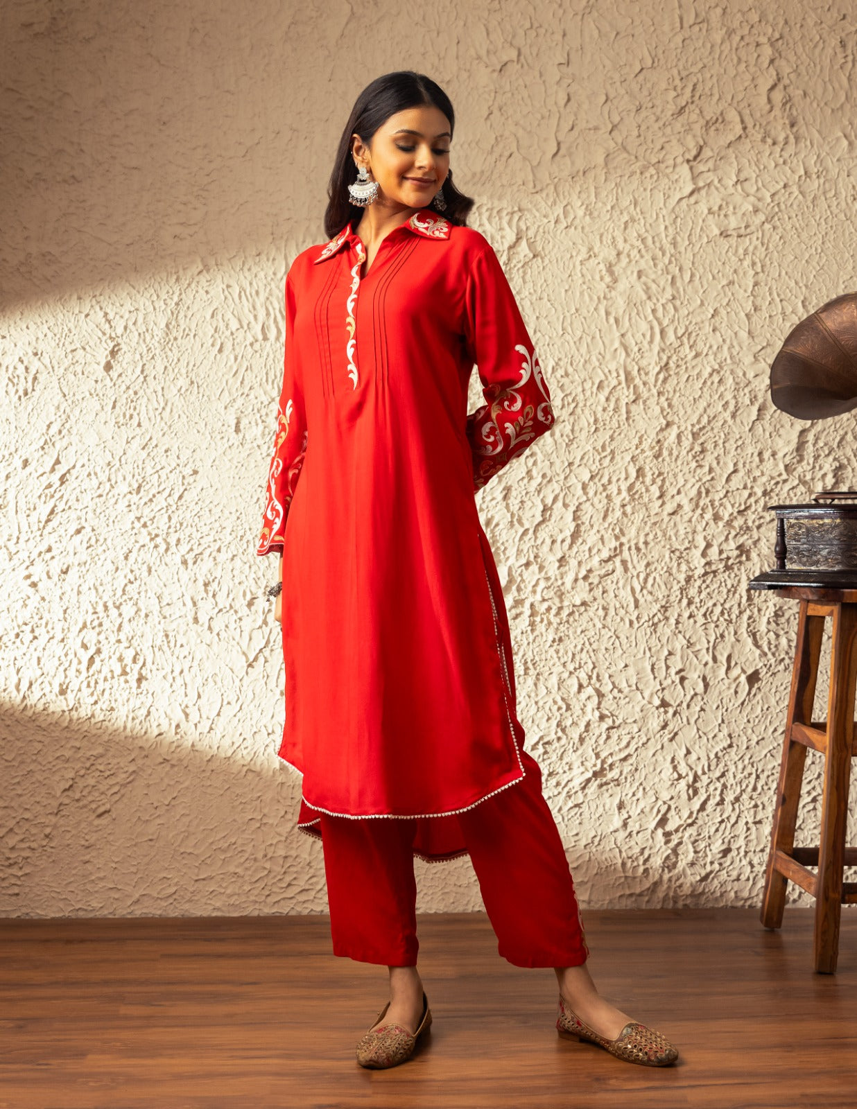 Red Threadwork Muslin Kurta Set - KAJREE