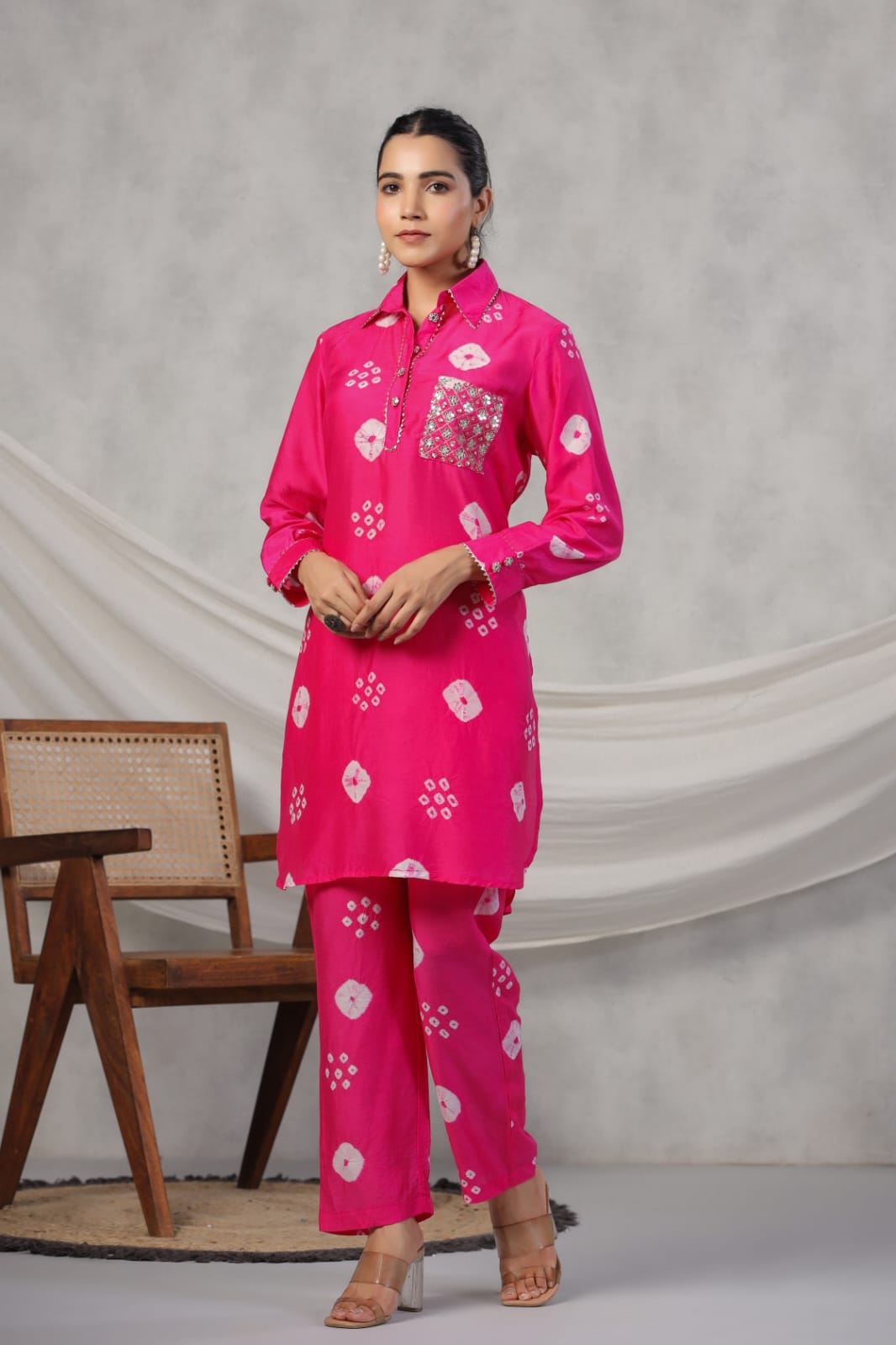 Pink Bandhani print Muslin Co-Ord Set - KAJREE