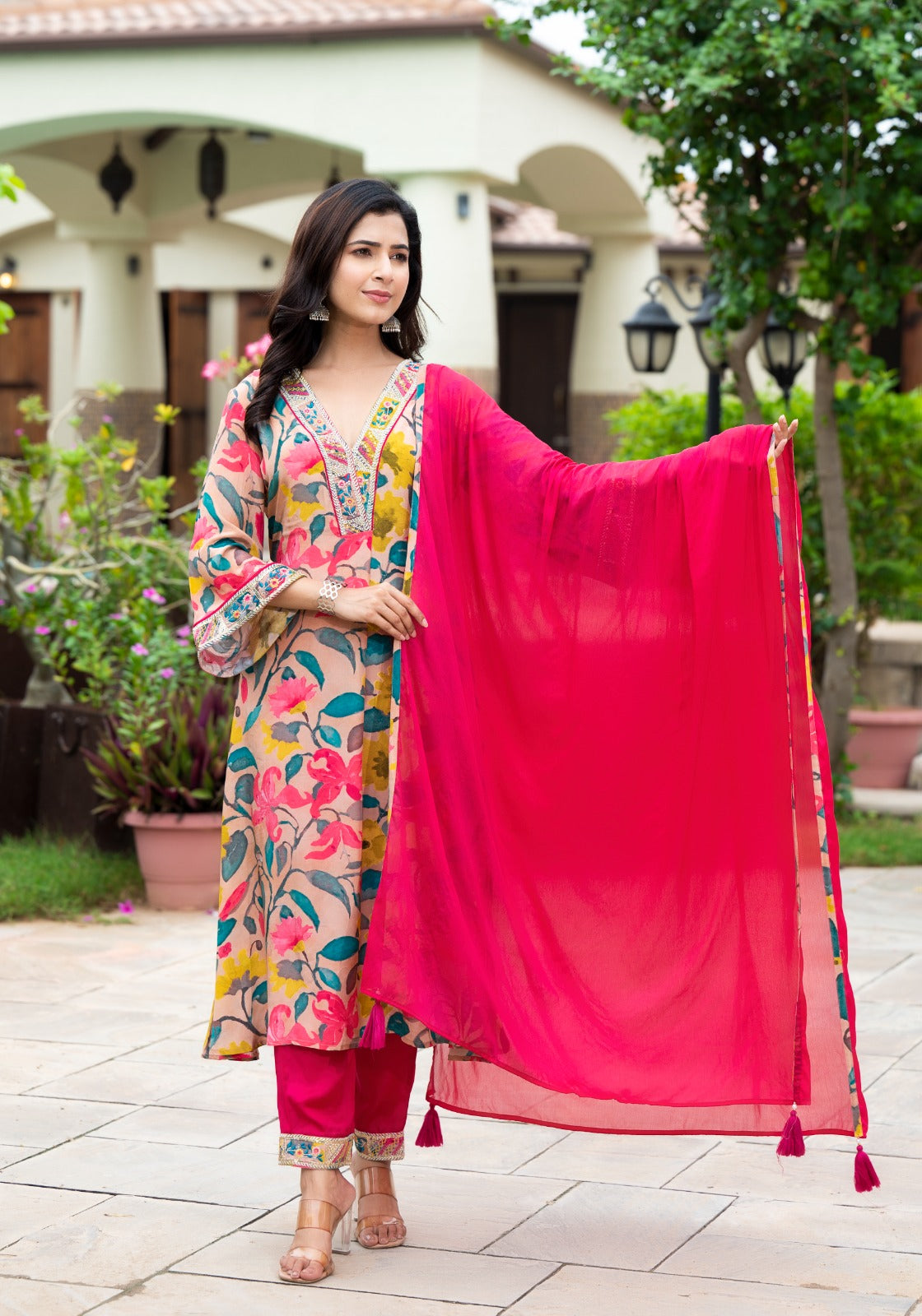 Multicolored Block Print Muslin Chiffon Kurta Set - KAJREE
